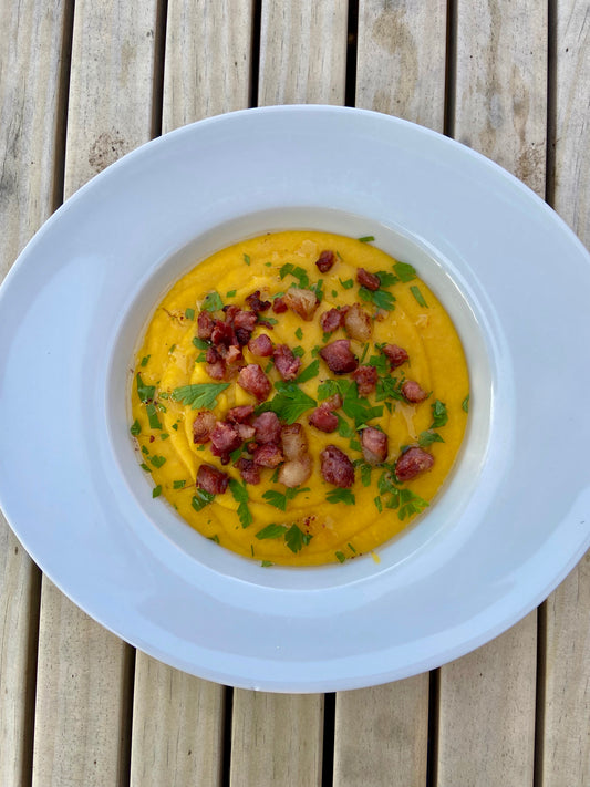 Pastinaakpompoensoep (vegetarisch of met spekjes)